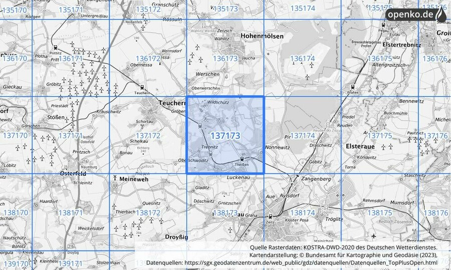 Übersichtskarte des KOSTRA-DWD-2020-Rasterfeldes Nr. 137173