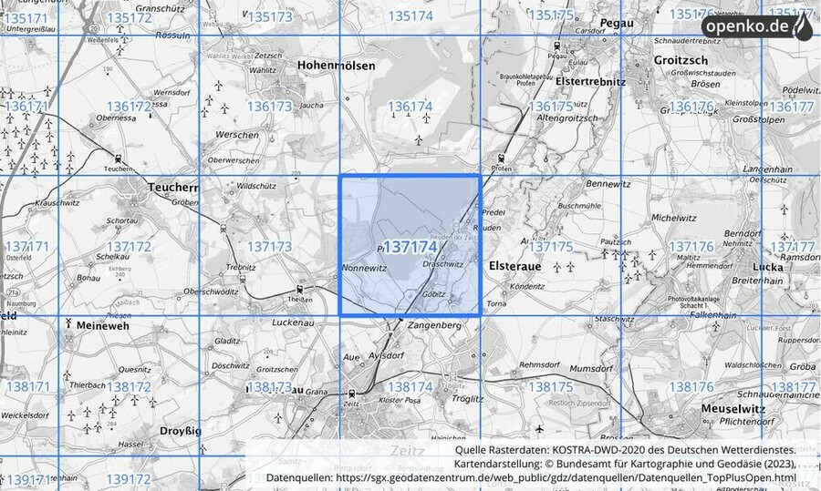 Übersichtskarte des KOSTRA-DWD-2020-Rasterfeldes Nr. 137174