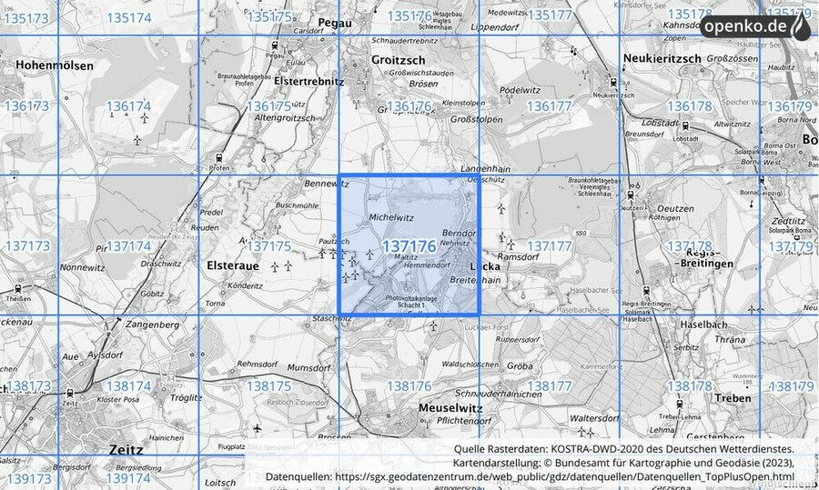 Übersichtskarte des KOSTRA-DWD-2020-Rasterfeldes Nr. 137176