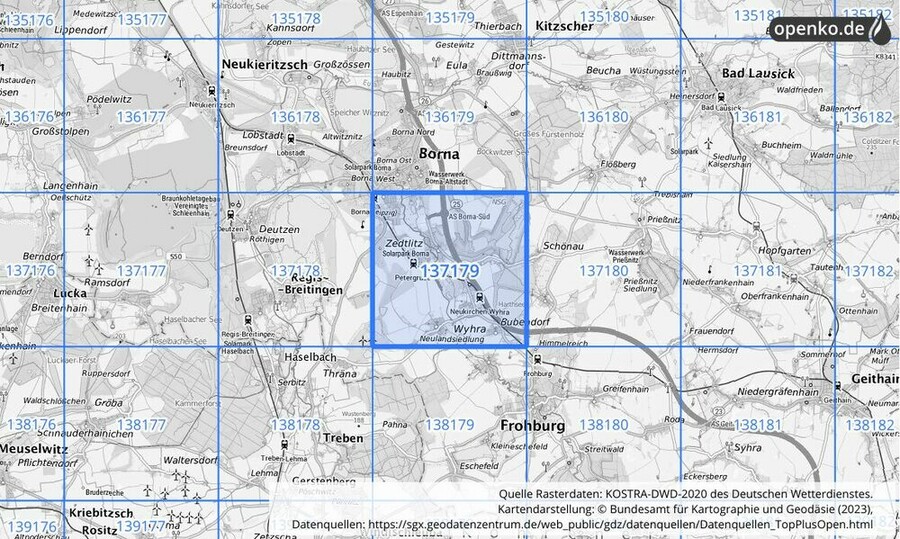 Übersichtskarte des KOSTRA-DWD-2020-Rasterfeldes Nr. 137179