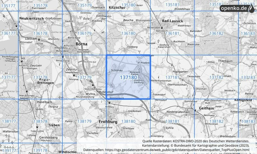 Übersichtskarte des KOSTRA-DWD-2020-Rasterfeldes Nr. 137180