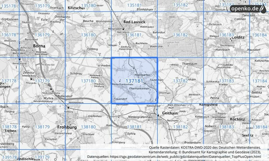 Übersichtskarte des KOSTRA-DWD-2020-Rasterfeldes Nr. 137181