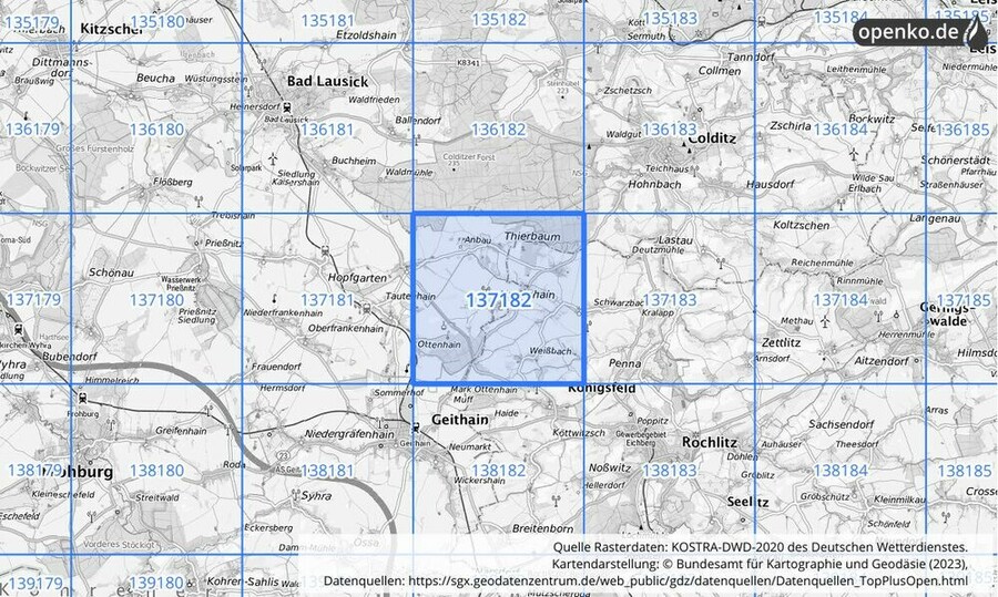 Übersichtskarte des KOSTRA-DWD-2020-Rasterfeldes Nr. 137182