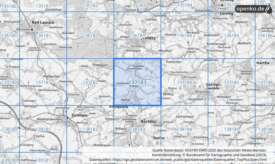 Übersichtskarte des KOSTRA-DWD-2020-Rasterfeldes Nr. 137183