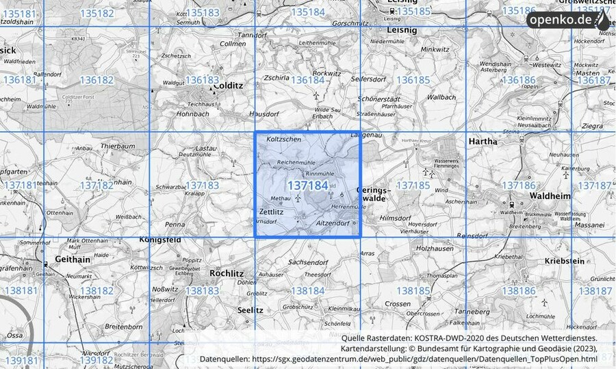 Übersichtskarte des KOSTRA-DWD-2020-Rasterfeldes Nr. 137184