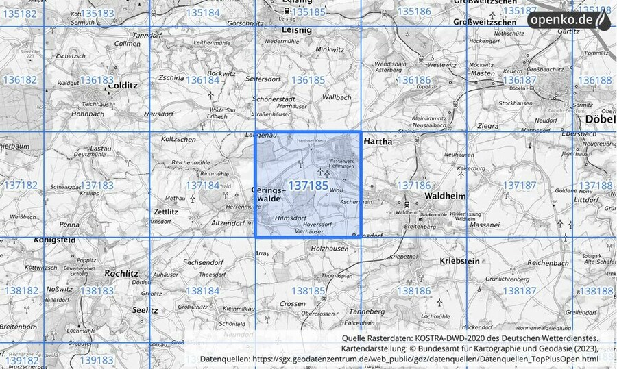 Übersichtskarte des KOSTRA-DWD-2020-Rasterfeldes Nr. 137185