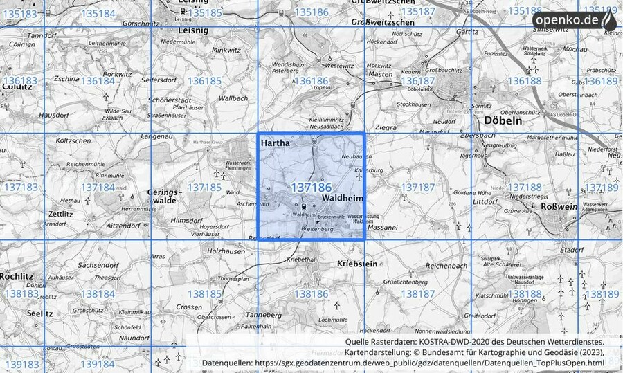 Übersichtskarte des KOSTRA-DWD-2020-Rasterfeldes Nr. 137186