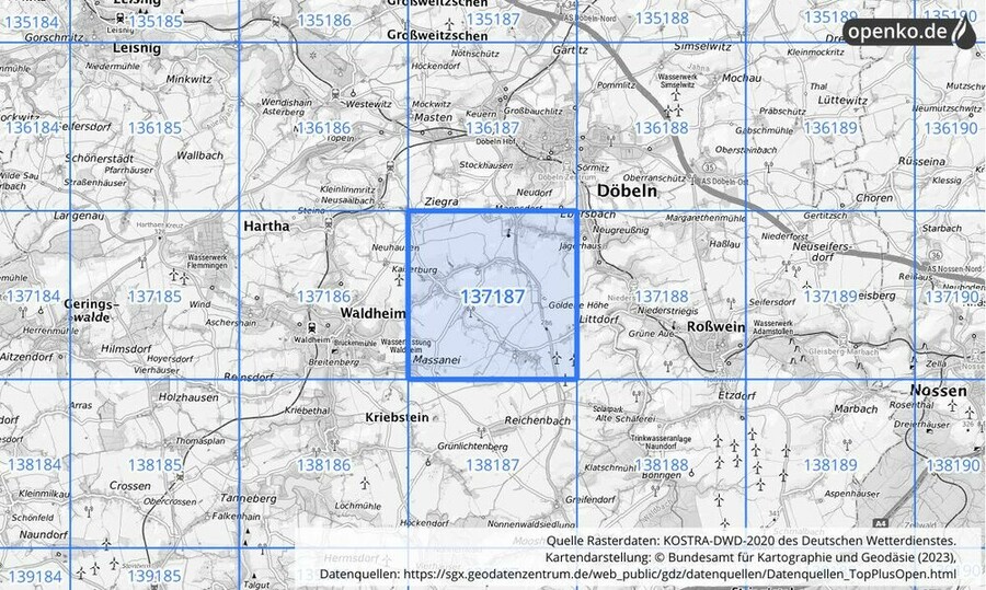 Übersichtskarte des KOSTRA-DWD-2020-Rasterfeldes Nr. 137187