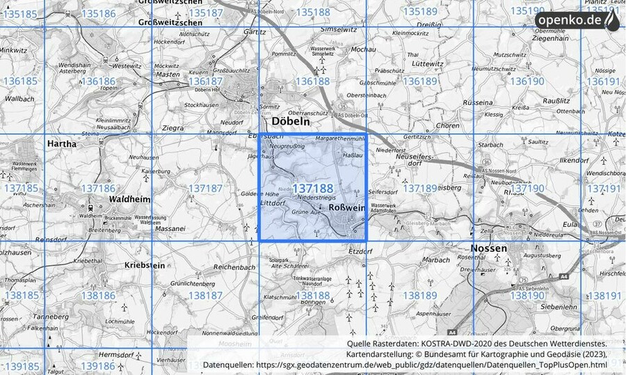 Übersichtskarte des KOSTRA-DWD-2020-Rasterfeldes Nr. 137188