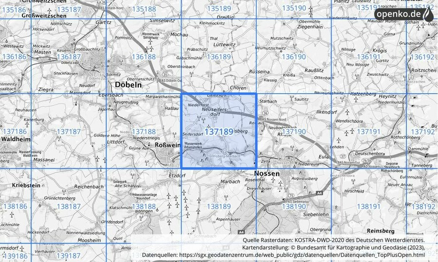 Übersichtskarte des KOSTRA-DWD-2020-Rasterfeldes Nr. 137189