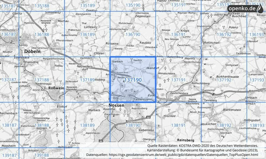 Übersichtskarte des KOSTRA-DWD-2020-Rasterfeldes Nr. 137190