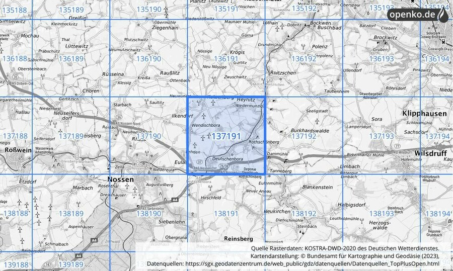 Übersichtskarte des KOSTRA-DWD-2020-Rasterfeldes Nr. 137191