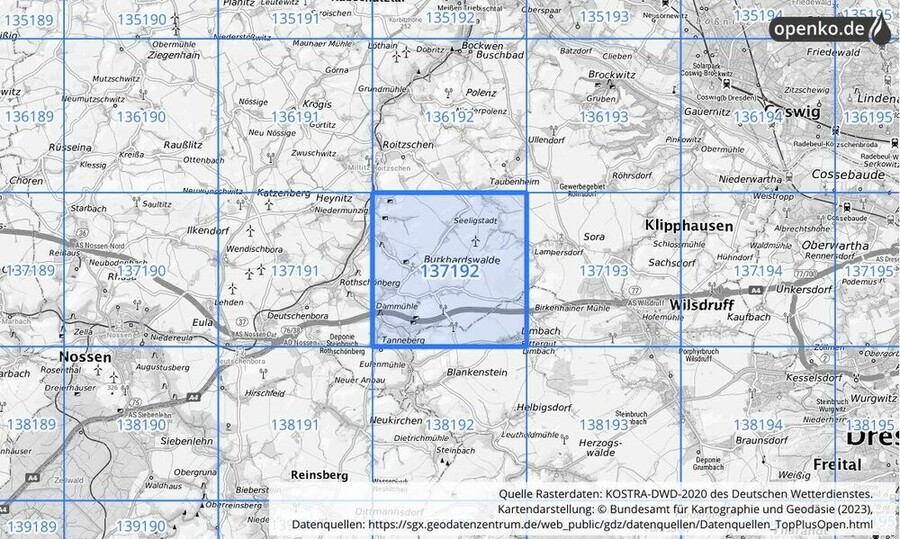 Übersichtskarte des KOSTRA-DWD-2020-Rasterfeldes Nr. 137192