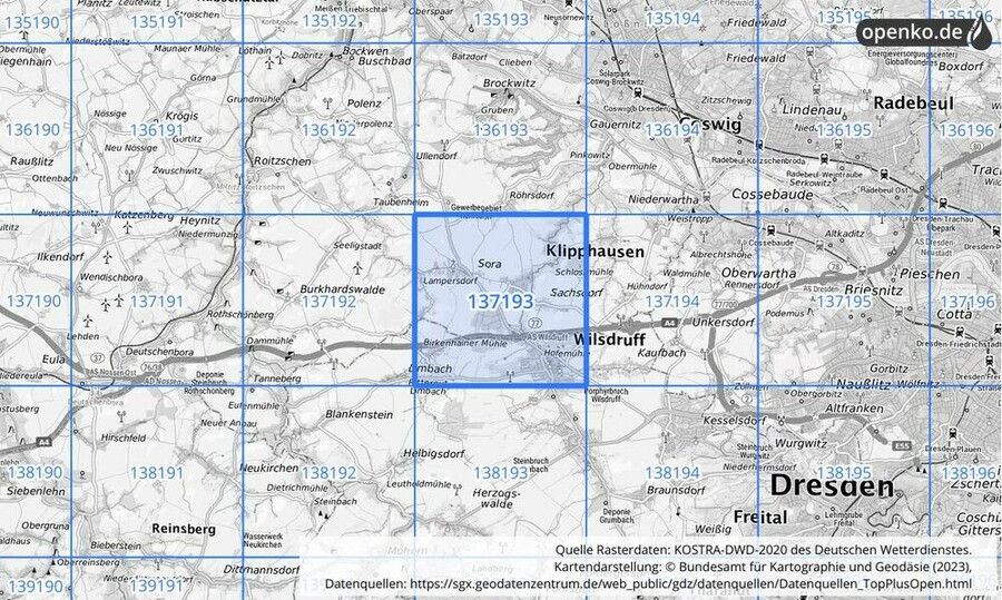 Übersichtskarte des KOSTRA-DWD-2020-Rasterfeldes Nr. 137193