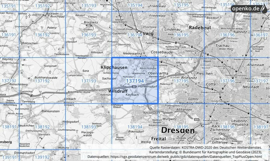 Übersichtskarte des KOSTRA-DWD-2020-Rasterfeldes Nr. 137194