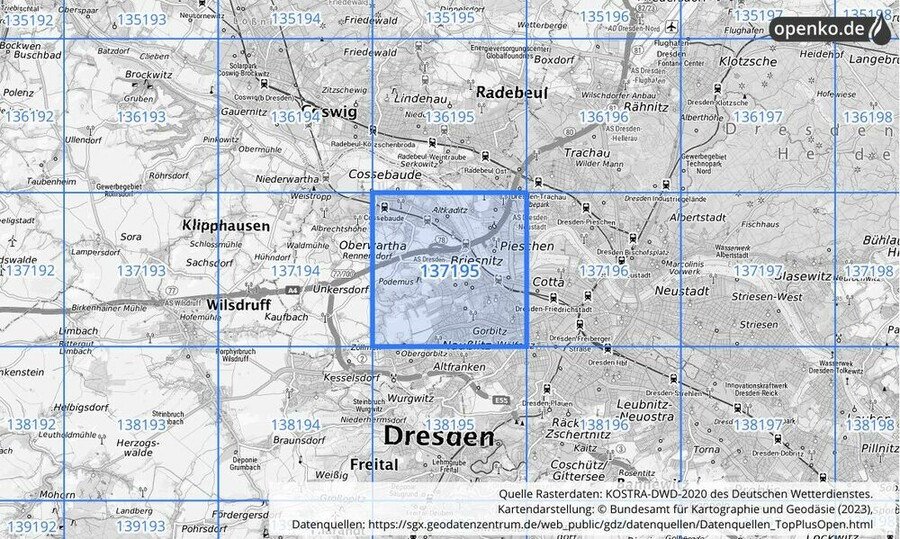 Übersichtskarte des KOSTRA-DWD-2020-Rasterfeldes Nr. 137195