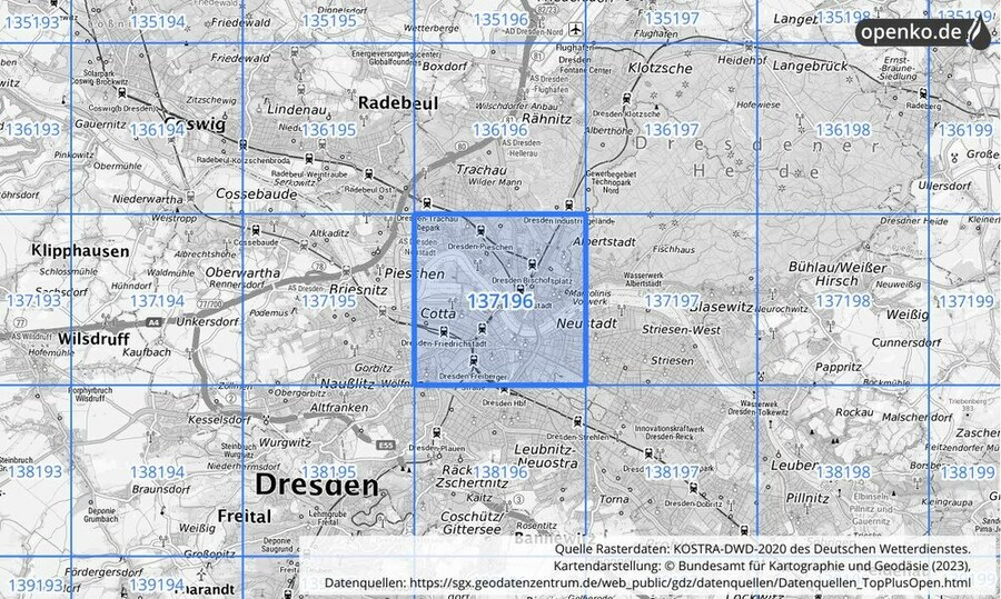 Übersichtskarte des KOSTRA-DWD-2020-Rasterfeldes Nr. 137196