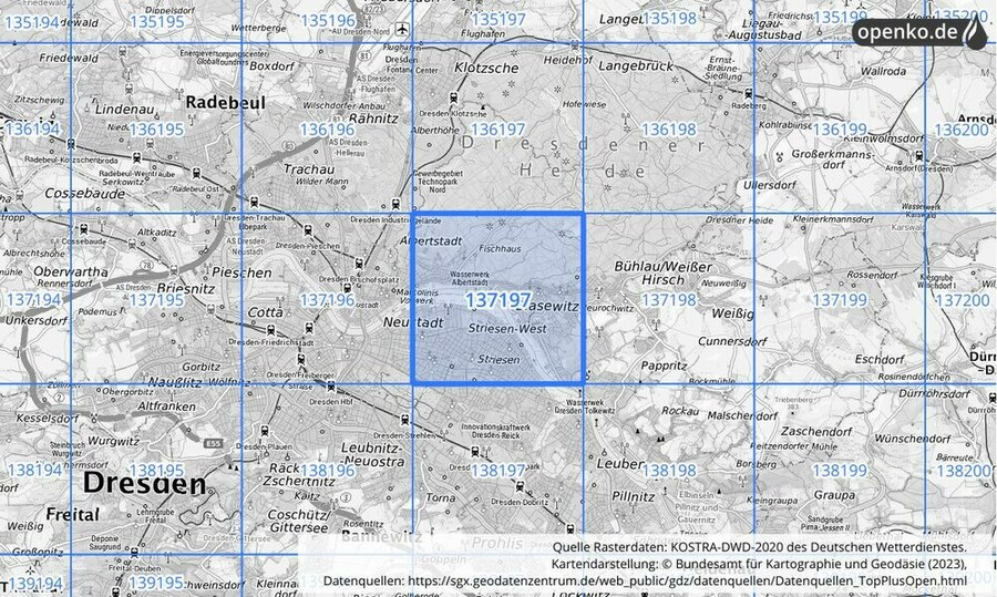 Übersichtskarte des KOSTRA-DWD-2020-Rasterfeldes Nr. 137197