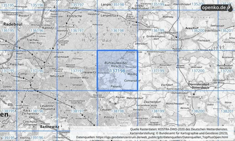 Übersichtskarte des KOSTRA-DWD-2020-Rasterfeldes Nr. 137198