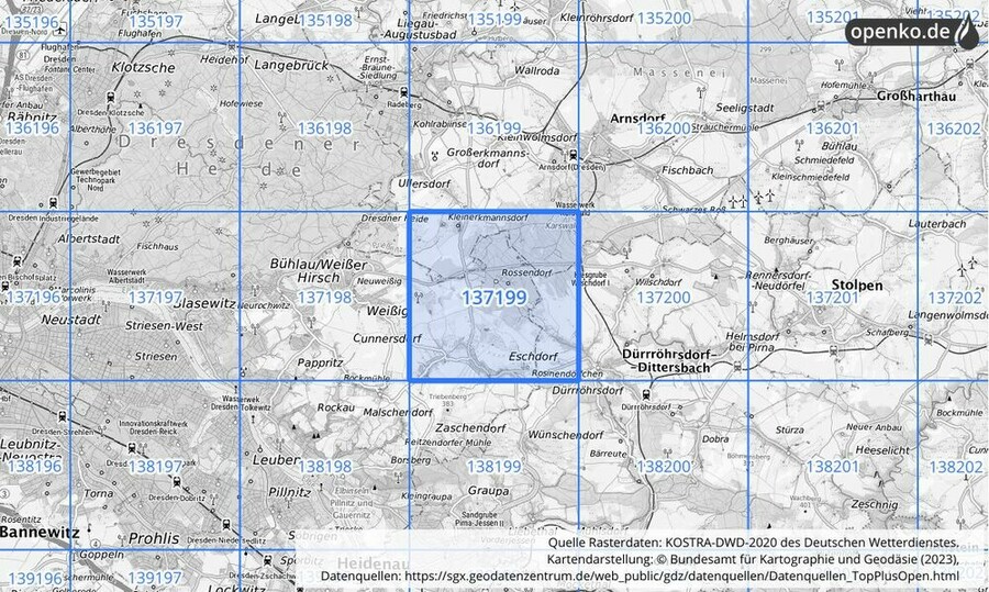 Übersichtskarte des KOSTRA-DWD-2020-Rasterfeldes Nr. 137199