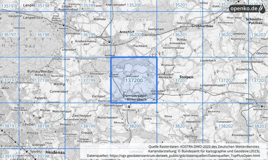 Übersichtskarte des KOSTRA-DWD-2020-Rasterfeldes Nr. 137200