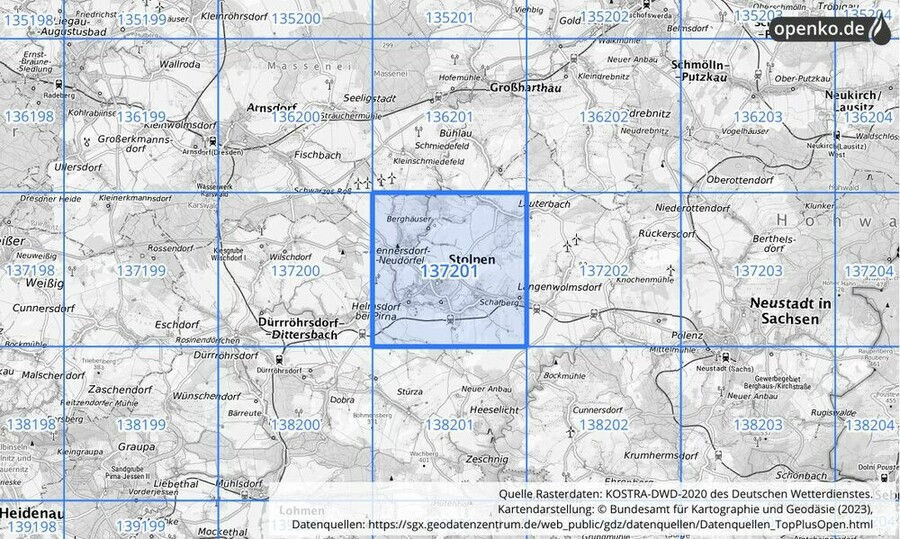 Übersichtskarte des KOSTRA-DWD-2020-Rasterfeldes Nr. 137201