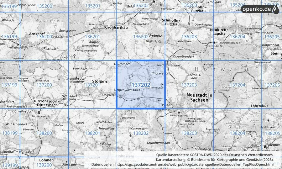 Übersichtskarte des KOSTRA-DWD-2020-Rasterfeldes Nr. 137202