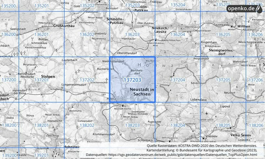 Übersichtskarte des KOSTRA-DWD-2020-Rasterfeldes Nr. 137203