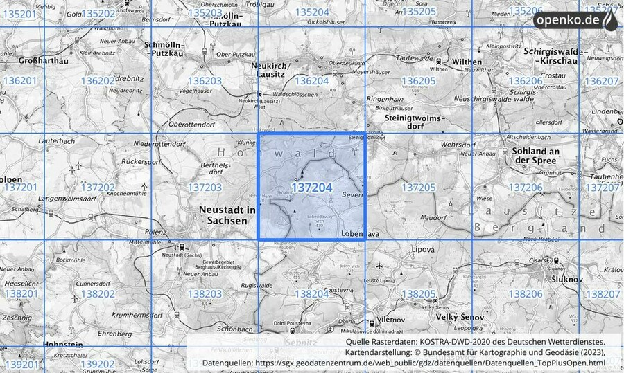 Übersichtskarte des KOSTRA-DWD-2020-Rasterfeldes Nr. 137204