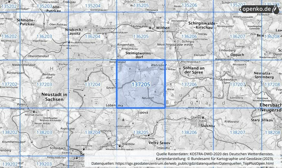 Übersichtskarte des KOSTRA-DWD-2020-Rasterfeldes Nr. 137205