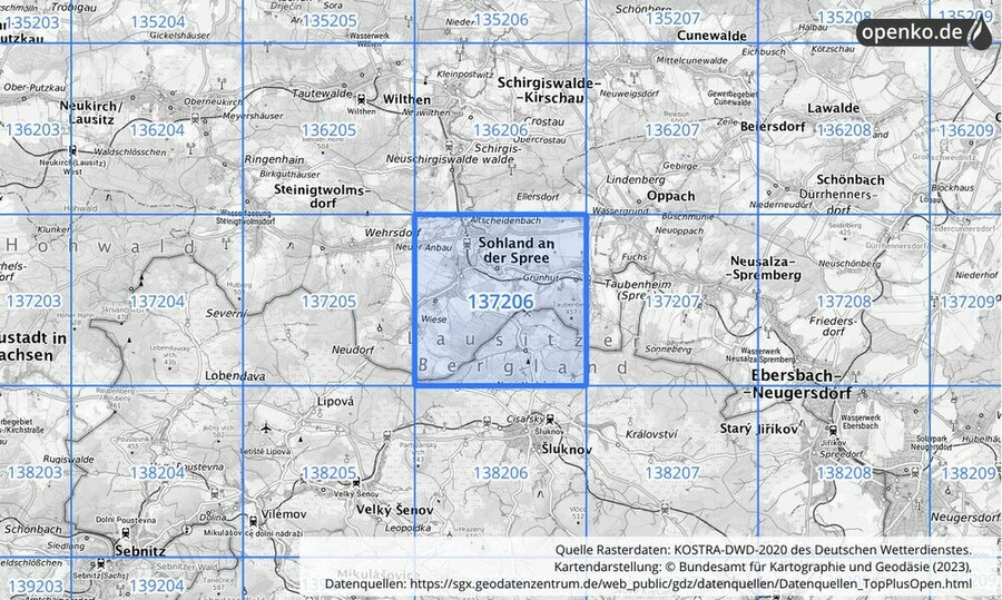 Übersichtskarte des KOSTRA-DWD-2020-Rasterfeldes Nr. 137206