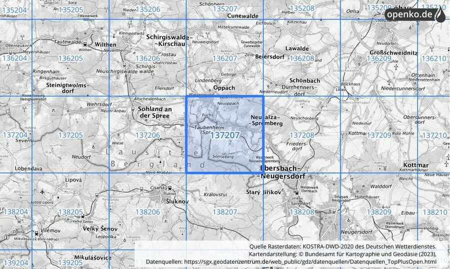 Übersichtskarte des KOSTRA-DWD-2020-Rasterfeldes Nr. 137207