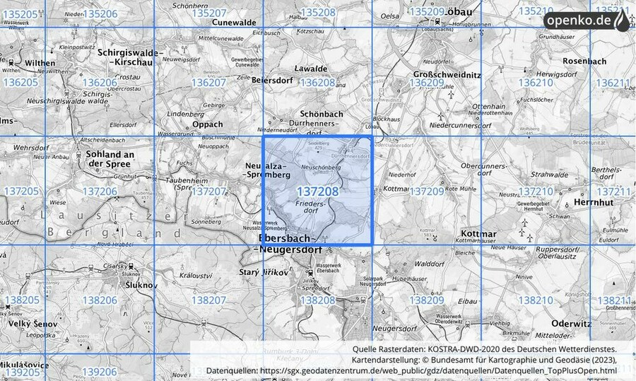 Übersichtskarte des KOSTRA-DWD-2020-Rasterfeldes Nr. 137208