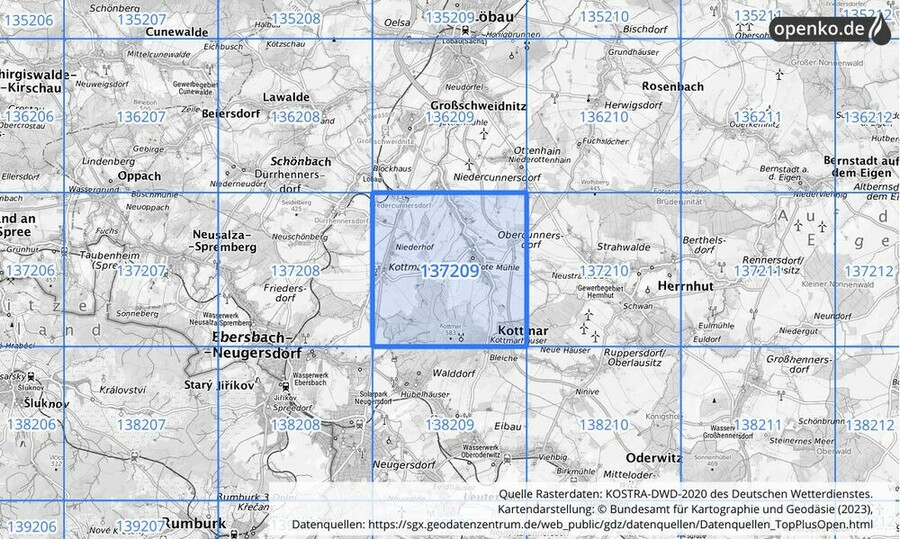 Übersichtskarte des KOSTRA-DWD-2020-Rasterfeldes Nr. 137209