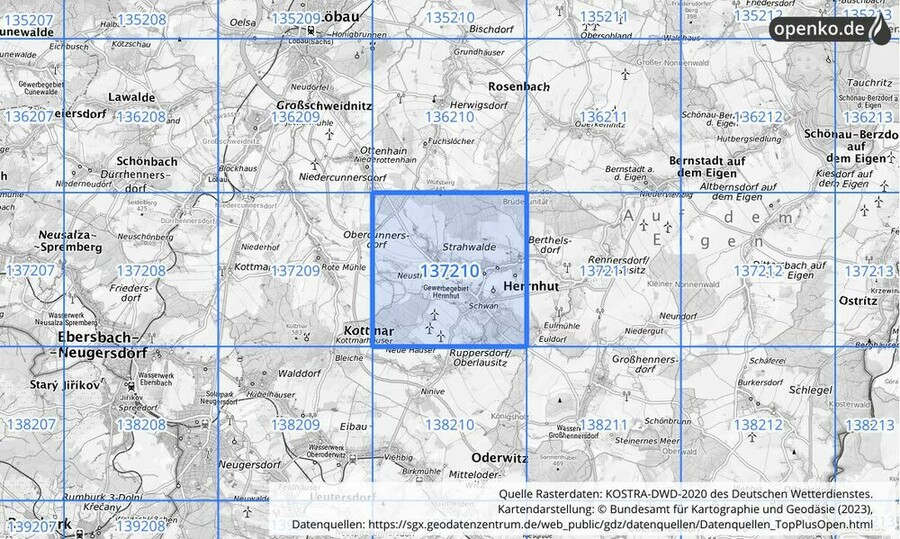 Übersichtskarte des KOSTRA-DWD-2020-Rasterfeldes Nr. 137210