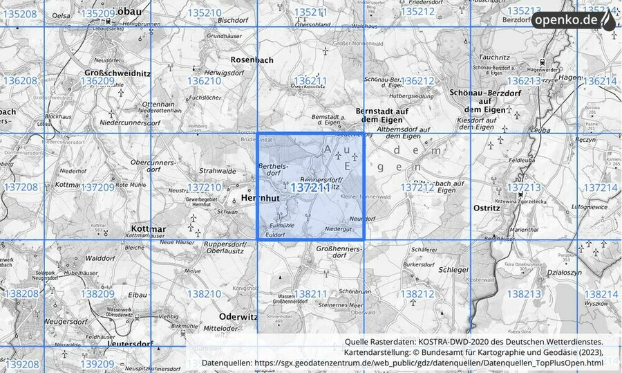 Übersichtskarte des KOSTRA-DWD-2020-Rasterfeldes Nr. 137211