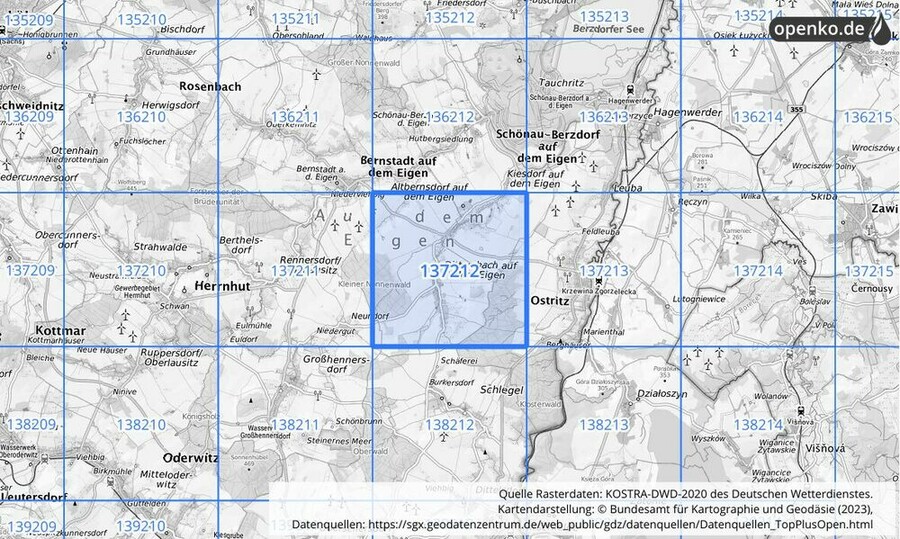 Übersichtskarte des KOSTRA-DWD-2020-Rasterfeldes Nr. 137212