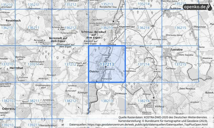 Übersichtskarte des KOSTRA-DWD-2020-Rasterfeldes Nr. 137213