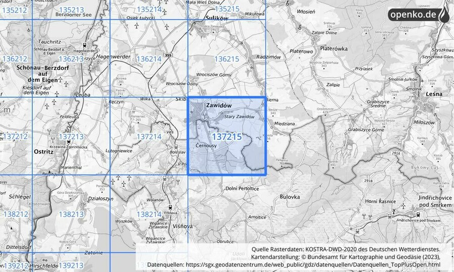 Übersichtskarte des KOSTRA-DWD-2020-Rasterfeldes Nr. 137215