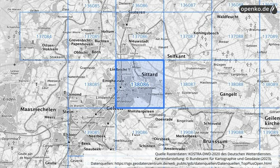 Übersichtskarte des KOSTRA-DWD-2020-Rasterfeldes Nr. 138086