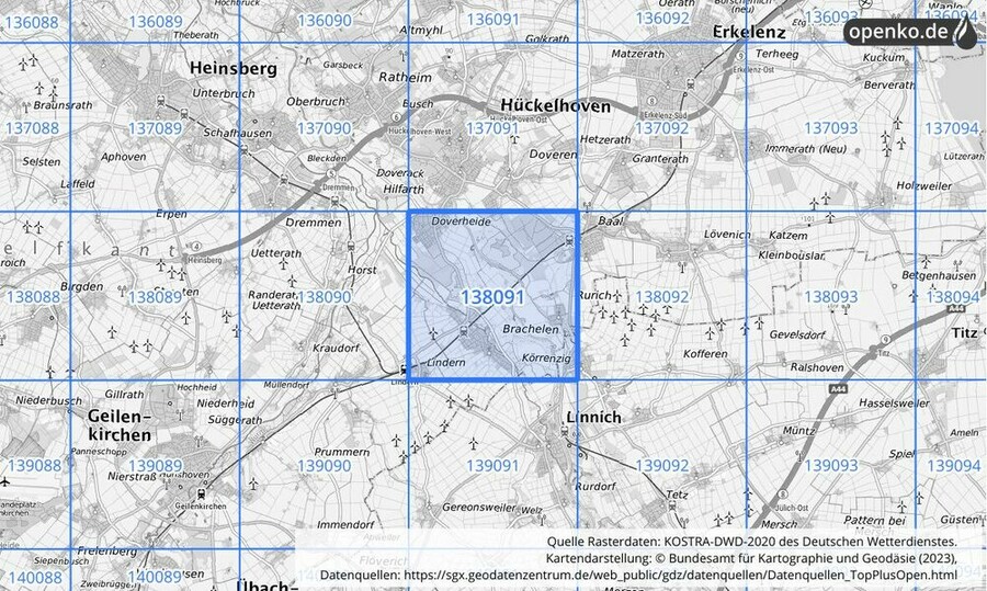 Übersichtskarte des KOSTRA-DWD-2020-Rasterfeldes Nr. 138091