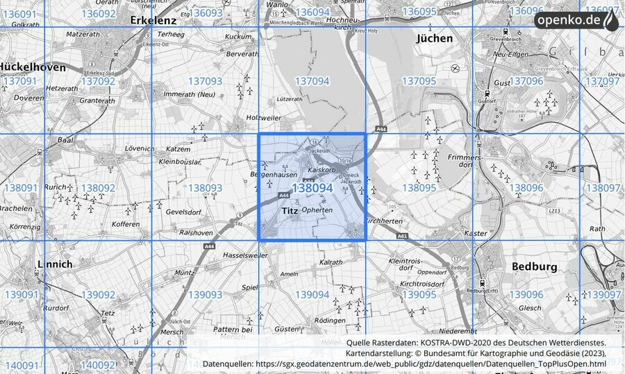 Übersichtskarte des KOSTRA-DWD-2020-Rasterfeldes Nr. 138094