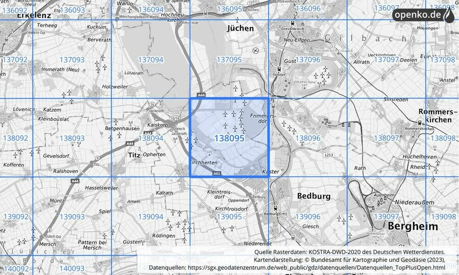 Übersichtskarte des KOSTRA-DWD-2020-Rasterfeldes Nr. 138095