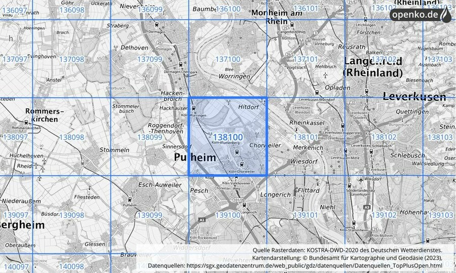 Übersichtskarte des KOSTRA-DWD-2020-Rasterfeldes Nr. 138100