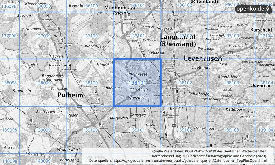 Übersichtskarte des KOSTRA-DWD-2020-Rasterfeldes Nr. 138101