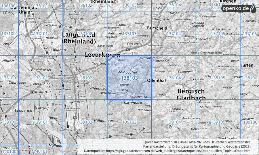 Übersichtskarte des KOSTRA-DWD-2020-Rasterfeldes Nr. 138103