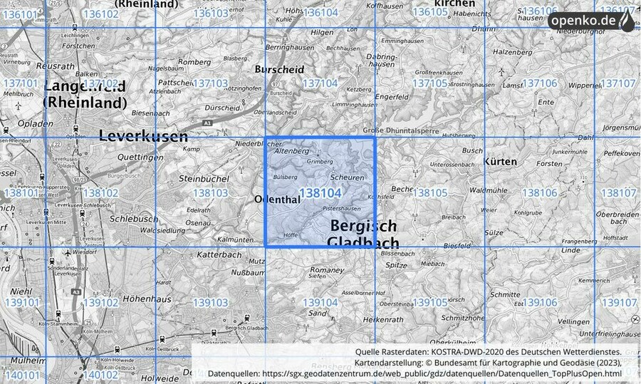 Übersichtskarte des KOSTRA-DWD-2020-Rasterfeldes Nr. 138104