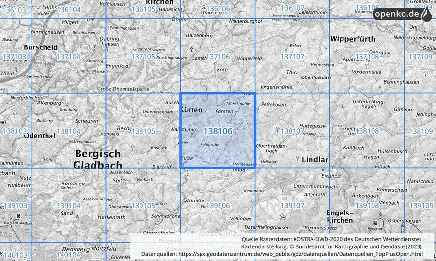 Übersichtskarte des KOSTRA-DWD-2020-Rasterfeldes Nr. 138106