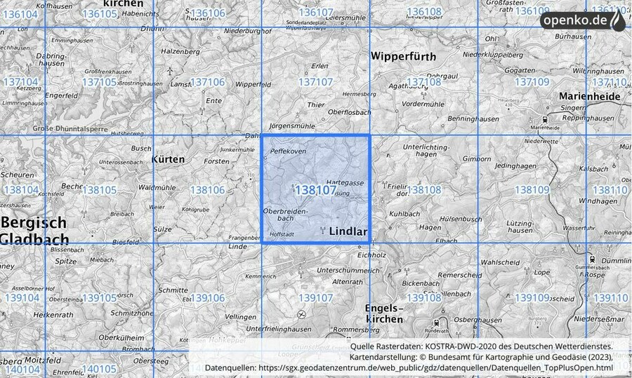 Übersichtskarte des KOSTRA-DWD-2020-Rasterfeldes Nr. 138107