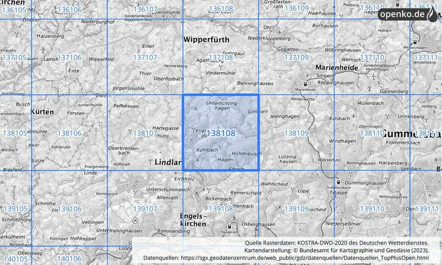 Übersichtskarte des KOSTRA-DWD-2020-Rasterfeldes Nr. 138108